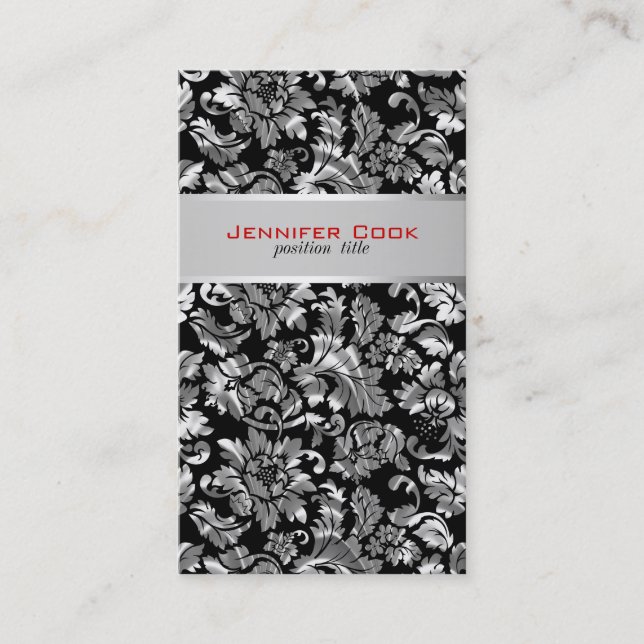 Elegant Black And Silver Grey Floral Damasks 2 Business Card (Front)