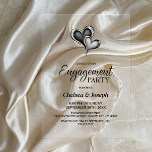 Elegant Black and Silver Hearts Engagement Party Acrylic Invitations
