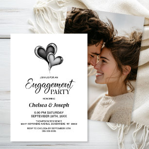 Elegant Black and Silver Hearts Engagement Party Invitation