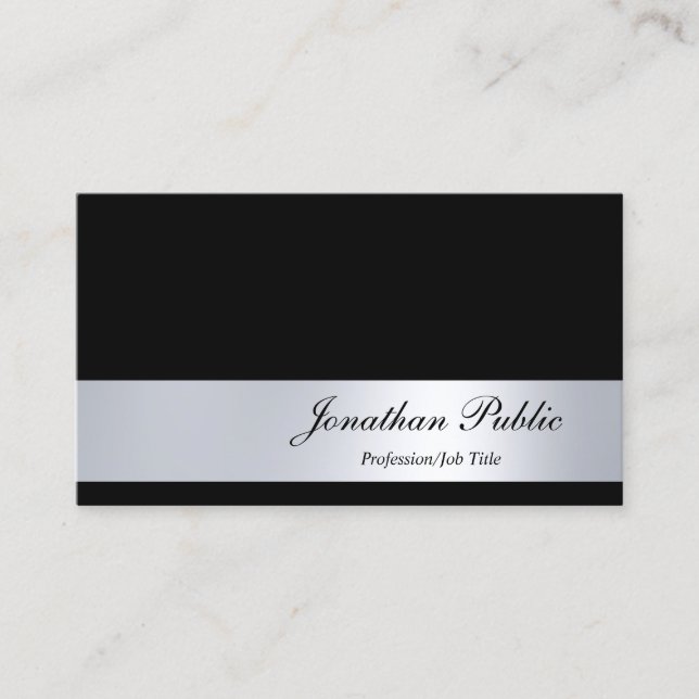 Elegant Black And Silver Modern Italic Script Cool Business Card (Front)