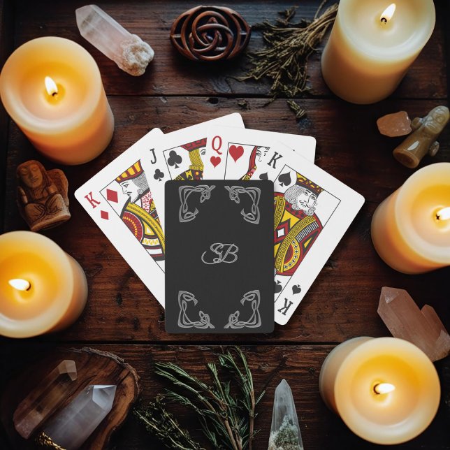 Elegant Black and Silver Monogram Playing Cards (Fancy ornate silver corners adorn this deck with space for your initials)