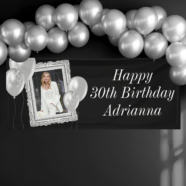 Elegant Black and Silver Photo & Balloons Birthday Banner (Black and Silver Birthday Banner with Photo)