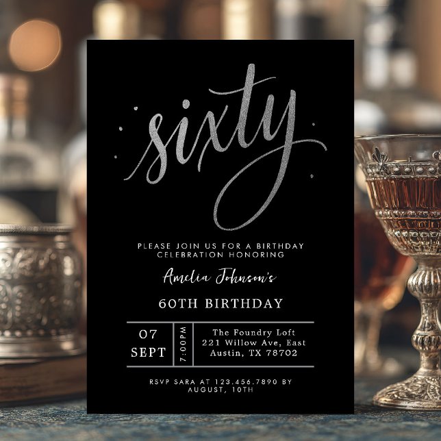 Elegant Black and Silver Sixtieth 60th Birthday Invitation (Sixty and sophisticated ✨ Celebrate in style with this elegant black and silver invite.)
