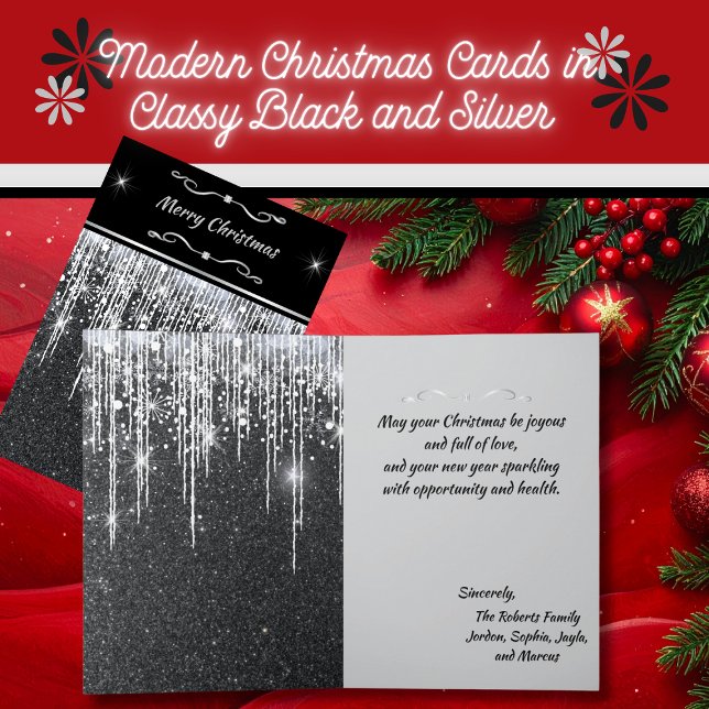 Elegant Black and Silver Sparkle Script Note Card (Elegant 5" x 7" sparkly silver and black Christmas cards with personalized greeting and message)