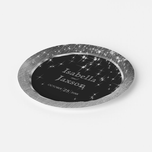 Elegant Black and Silver Starlights Wedding Paper Plate (Angled)
