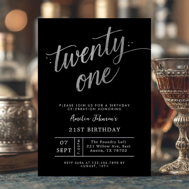 Elegant Black and Silver Twenty One 21st Birthday Invitation (Twenty-one and dazzling ✨ Celebrate your milestone with this chic black and silver invite.)
