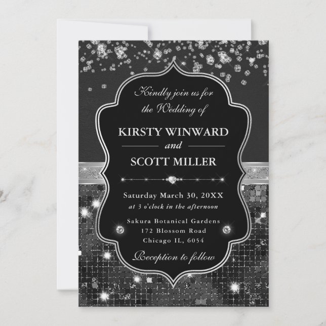 Elegant Black and Silver with Diamonds Wedding Invitation (Front)