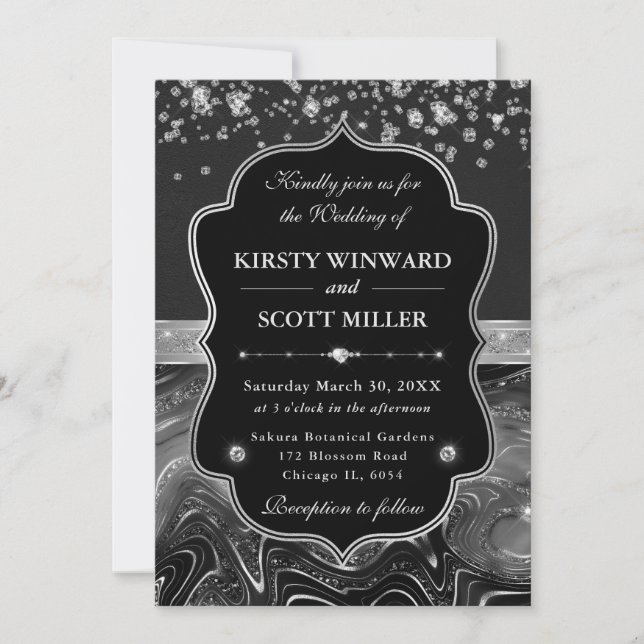 Elegant Black and Silver with Diamonds Wedding Invitation (Front)