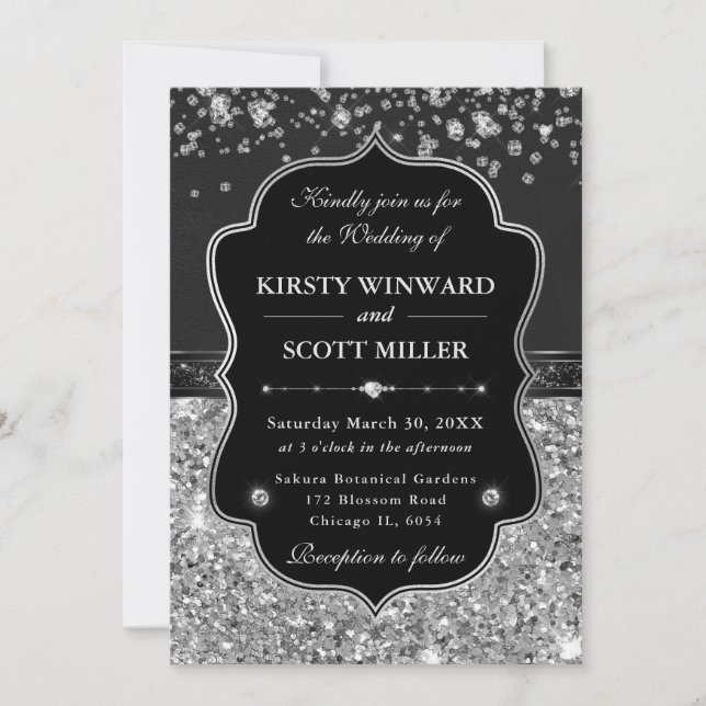 Elegant Black and Silver with Diamonds Wedding Invitation (Front)