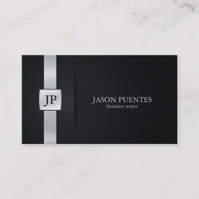 Elegant Black and Silver Writer's Business Card (Front)