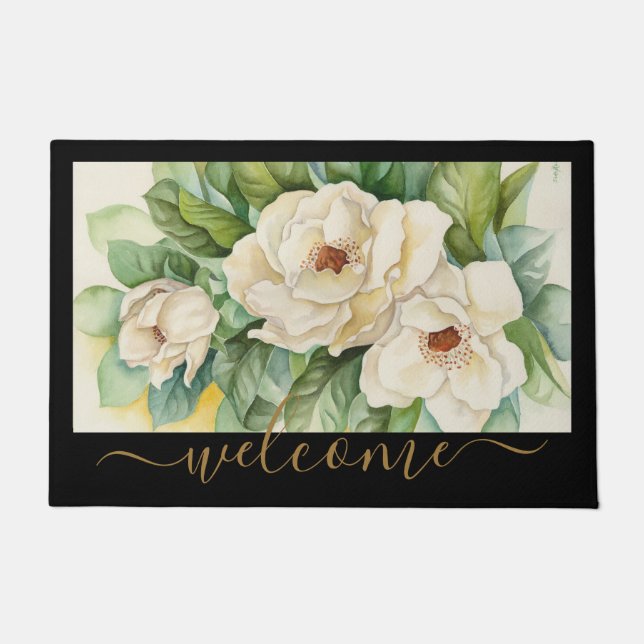 Elegant Black And Tan Magnolia Floral Welcome Doormat (Front)