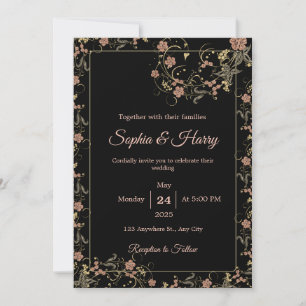 Elegant Black and Tea Pink Floral Wedding  Invitation