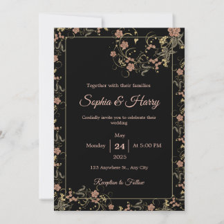 Elegant Black and Tea Pink Floral Wedding Invitation