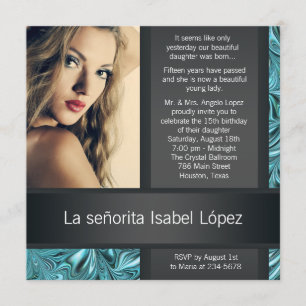 Elegant Black and Teal Blue Photo Quinceanera Invitation