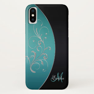 Elegant Black and Teal Monogram iPhone X Case