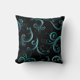 Elegant Black and Turquoise Floral Pattern Cushion