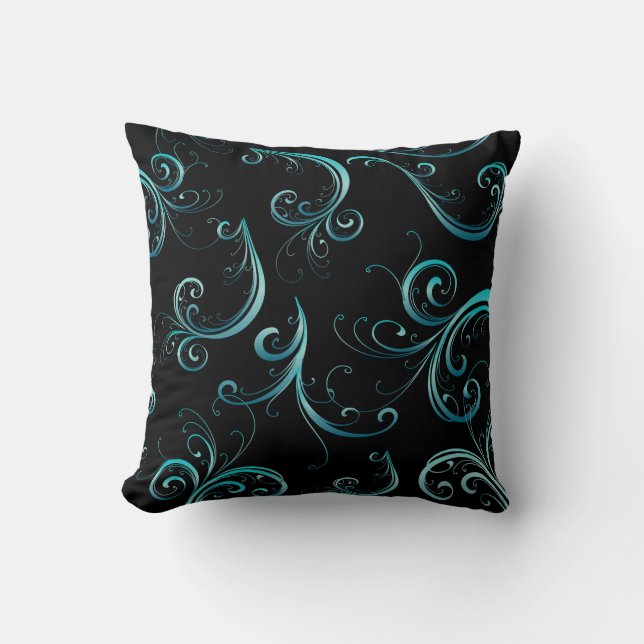 Elegant Black and Turquoise Floral Pattern Cushion (Front)