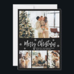 Elegant Black and White 4 Photo Collage Christmas  Holiday Card<br><div class="desc">Elegant, Modern Black and White 4 Photo Collage Merry Christmas Script Holiday Card. This festive, whimsical, minimalist, (4) four photo holiday card template features a pretty photo collage, some snowflake and says Merry Christmas! The „Merry Christmas” greeting text is written in a beautiful white colour hand lettered typography font type...</div>