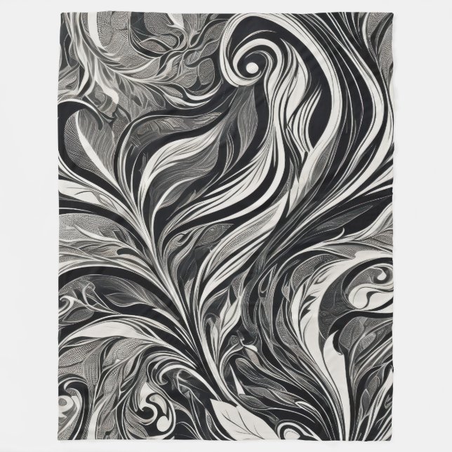 Elegant - Black and White Abstract Flow Fleece Blanket (Front)