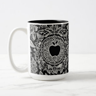 Elegant Black and White Apple Mandala Lace Two-Tone Coffee Mug