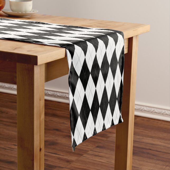 Elegant Black And White Argyle Pattern Short Table Runner (In Situ)