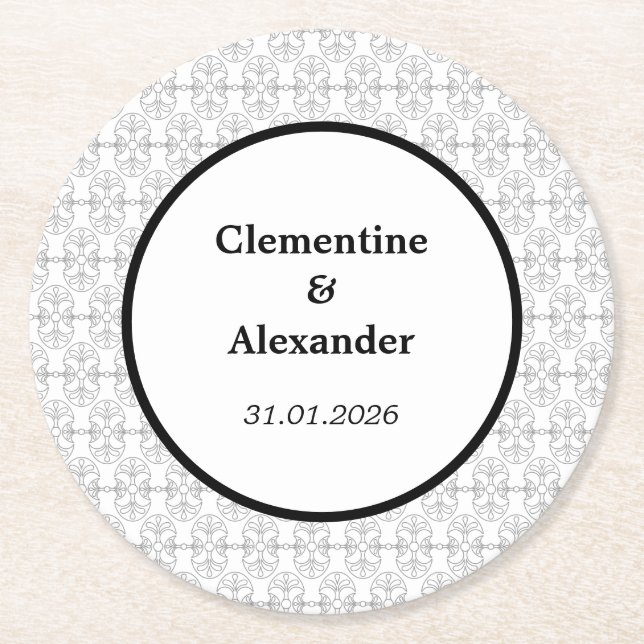 Elegant Black and White Art Deco Style Round Paper Coaster (Front)