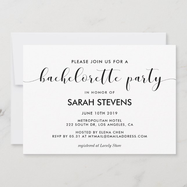 Elegant black and white Bachelorette Party Invitation (Front)
