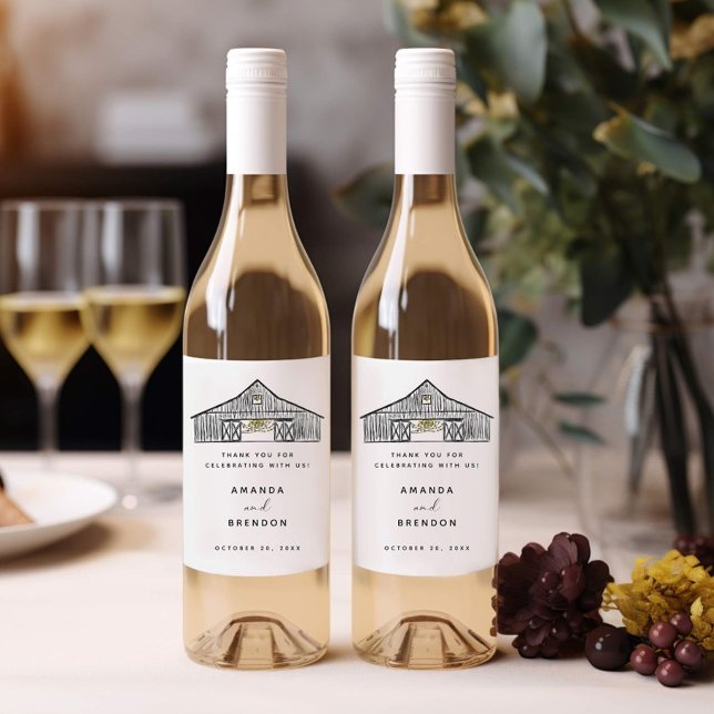 Elegant Black and White Barn Wedding Wine Label (Creator Uploaded)