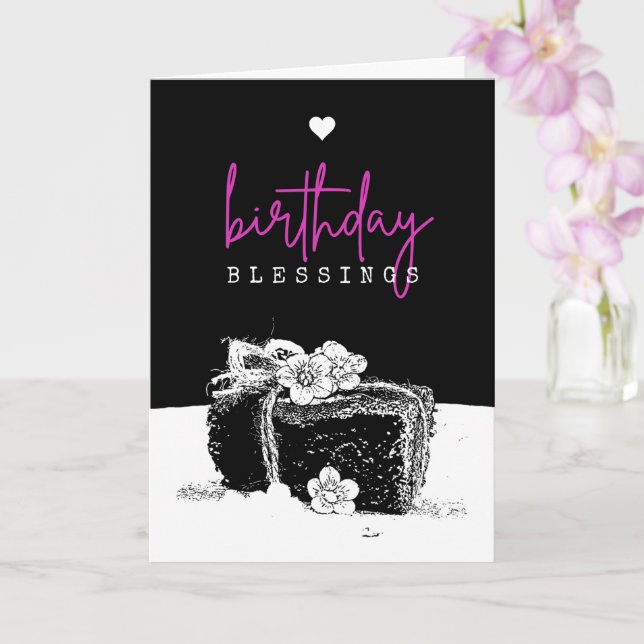 Elegant Black and White Birthday Cake Slice Card (Orchid)