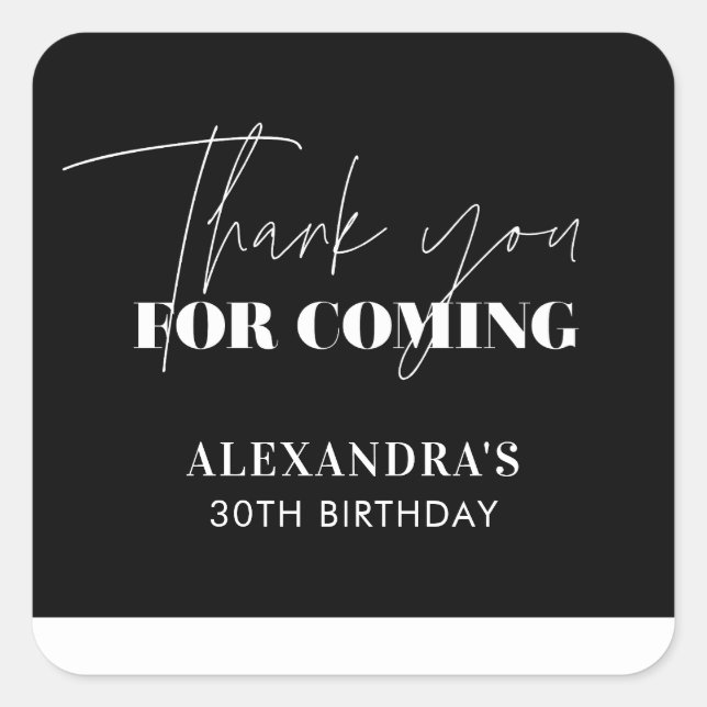 Elegant Black and White Birthday Thank you Square Sticker (Front)