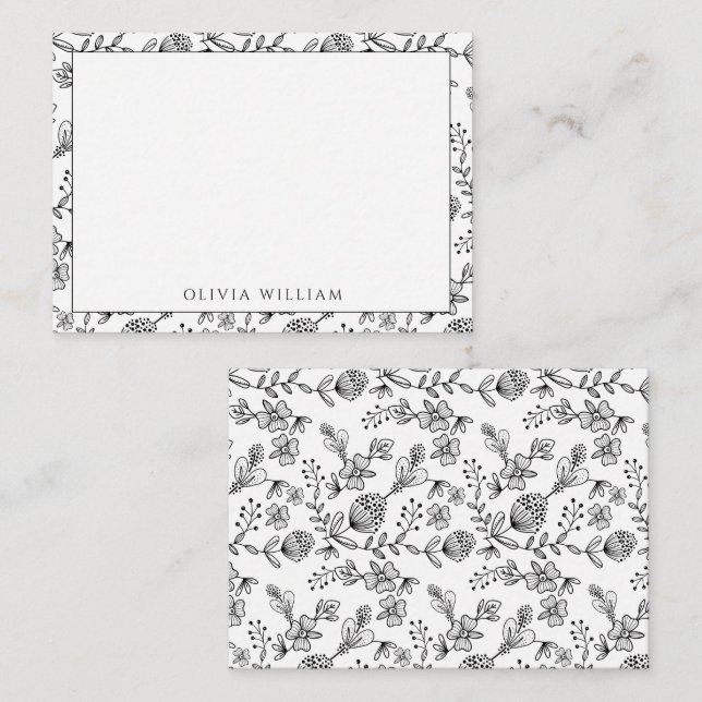 Elegant Black And White Boho Floral Border Name Card (Front/Back)