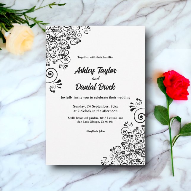 Elegant Black And White Boho Ornate Floral Wedding Invitation (Creator Uploaded)