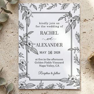 Elegant Black and White Botanical Floral Wedding I Invitation