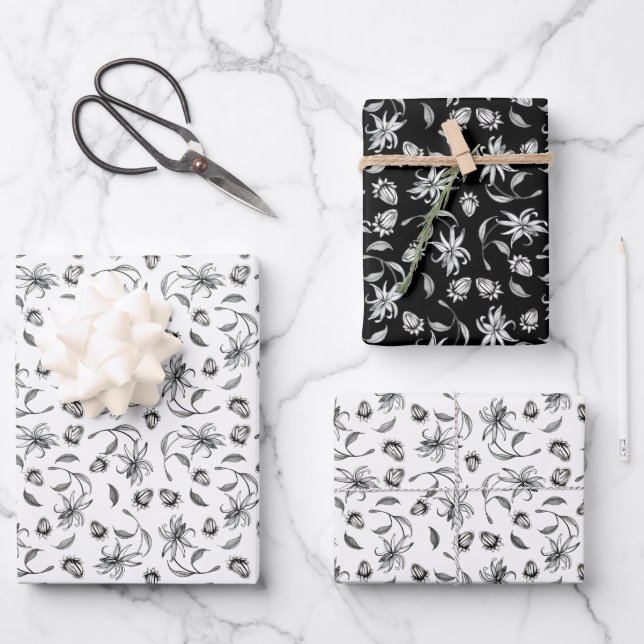 Elegant Black and White Botanical Gift Wrapping Paper Sheet (Front)