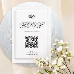 Elegant black and white branch and QR code wedding RSVP Card