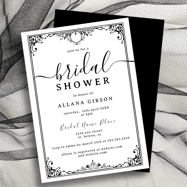 Elegant Black and White Bridal Shower Invitation (legant black-and-white bridal shower invitation with intricate border design.)
