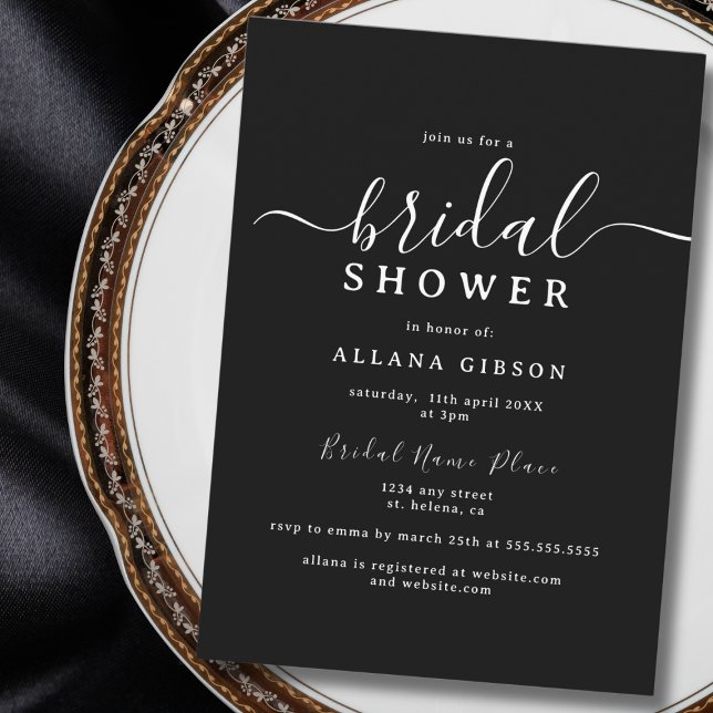 Elegant Black and White Bridal Shower Invitation (Elegant black-and-white bridal shower invitation placed on a decorative plate.)