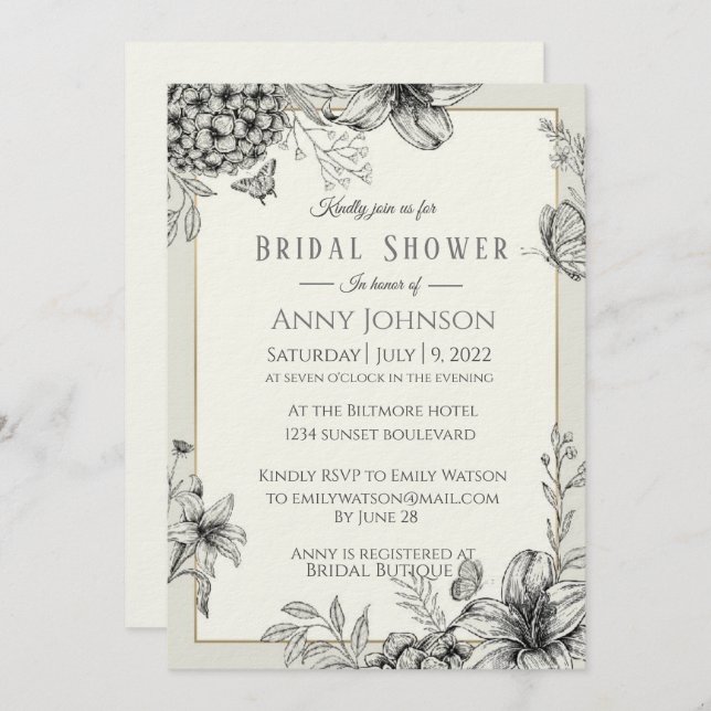 Elegant Black and white Bridal Shower Invitation (Front/Back)