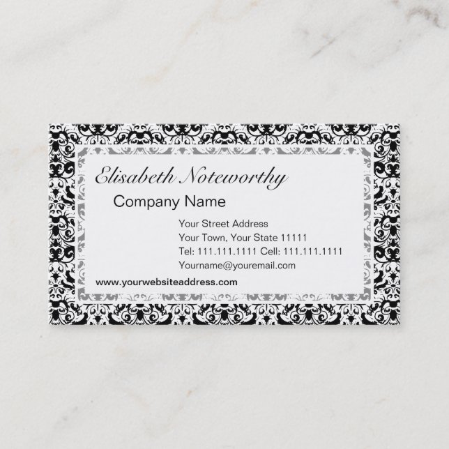 Elegant Black and White Calligraphic Damask Business Card (Front)