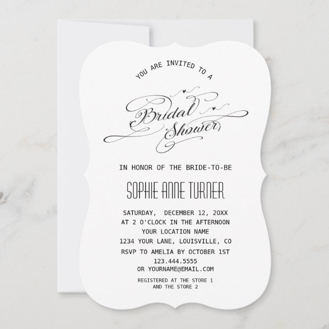 Elegant Black and White Calligraphy Bridal Shower Invitation (Front)