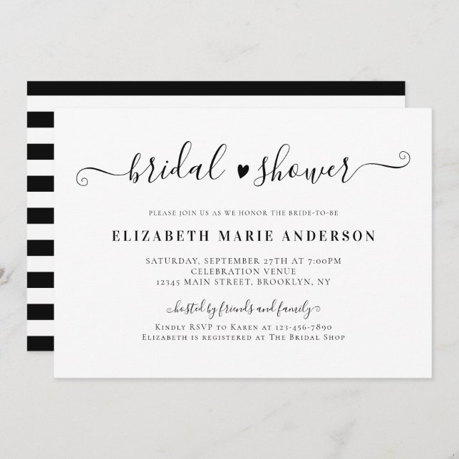 Elegant Black and White Calligraphy Bridal Shower Invitation (Front/Back)