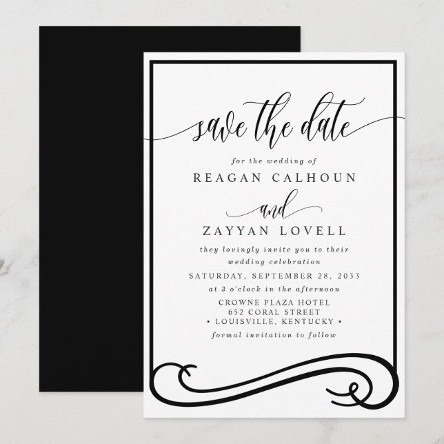 Elegant Black and White Calligraphy Save the Date (Front/Back)