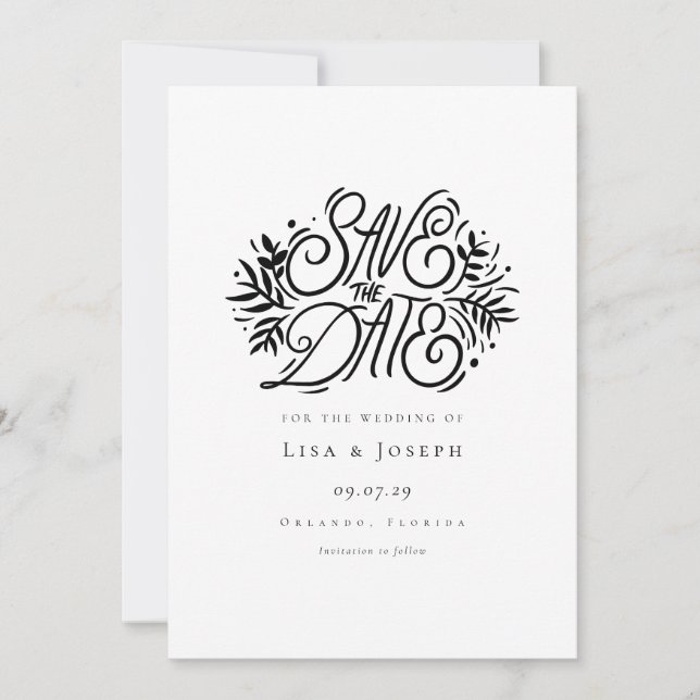 Elegant Black and White Calligraphy Save the Date (Front)