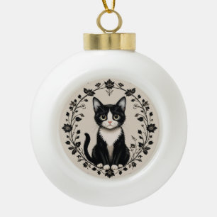 Elegant Black and White Cat Ceramic Ball Christmas Ornament