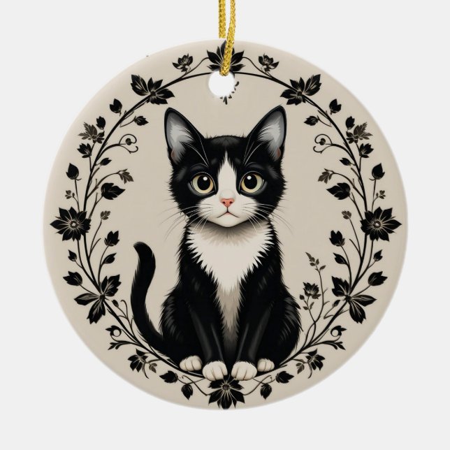 Elegant Black and White Cat Ceramic Ornament (Front)