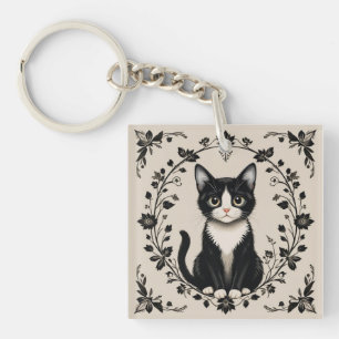 Elegant Black and White Cat Key Ring