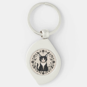 Elegant Black and White Cat Key Ring