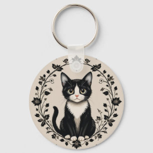 Elegant Black and White Cat Key Ring