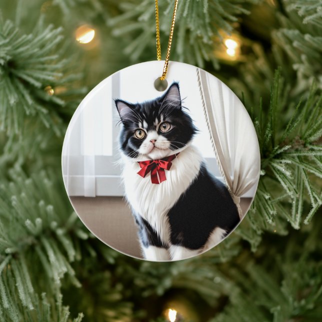 Elegant Black and White Cat Portrait Ceramic Ornament (Tree)