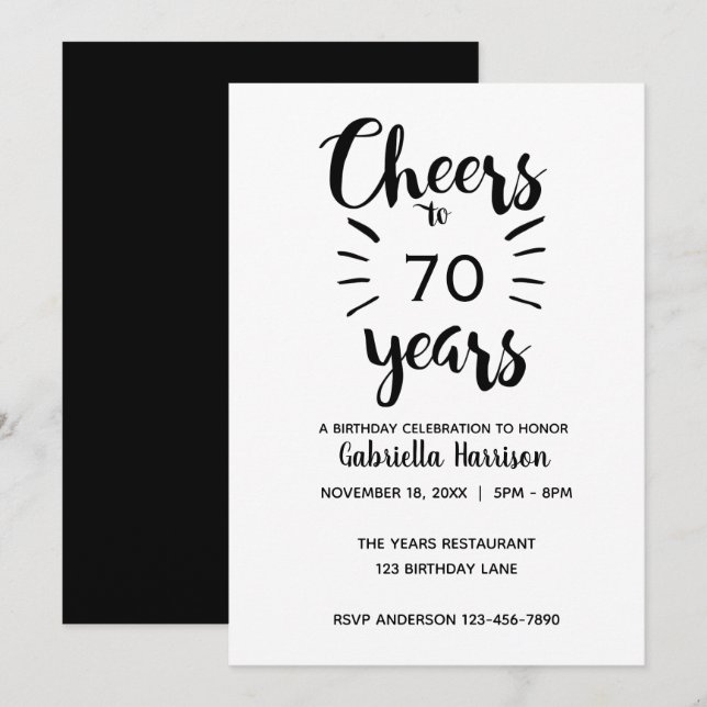 Elegant Black and White Cheers to 70th Birthday Invitation (Front/Back)